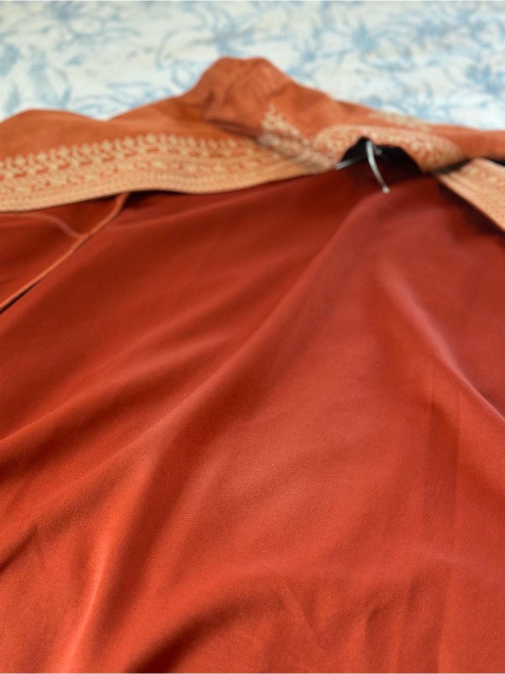 Soft Surroundings orange faux suede boho embroidered duster size L - Picture 8 of 10